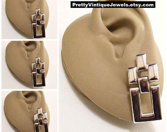 Monet Square Hoops Pierced Post Stud Silver Tone Vintage Stacked Discs Polished Mirror Finish Brushed Backs Long Dangles