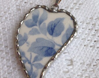 Broken China Jewelry - Blue and White Heart Pendant