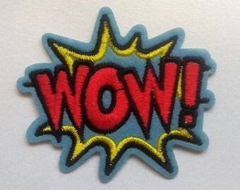 Embroidered Blue WOW Patch Iron on Applique Superhero Cartoon Bubble