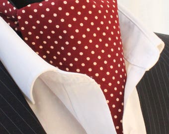 Cravat Ascot UK Made Wine Red Off White Polka Dot.Cravat & Hanky.Premium Cotton.