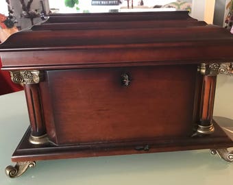 Gorgeous Jewelry Box with Ornate Brass Feet and Fitting Mirrored inside Lift out Tray Pillars,Beveled Mahogany FREE Shipping