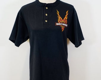 90s Harley Davidson Eagle Chillicothe Ohio Black Flame Button Up T Shirt Collarless Polo