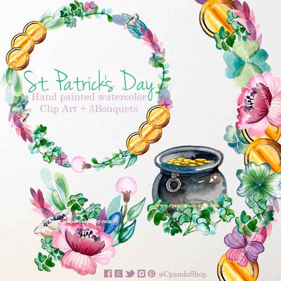 Download St. Patrick's Day Watercolor Clipart Shamrocks Rainbow Pot