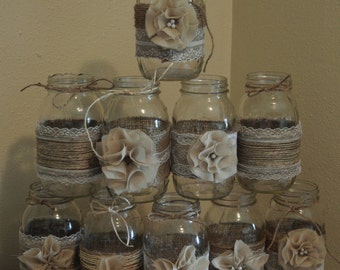 Set of 10 Mason Jar Sleeves, Burlap Wedding Decorations, Rustic Wedding Centerpieces, Burlap and Lace Wedding Jars