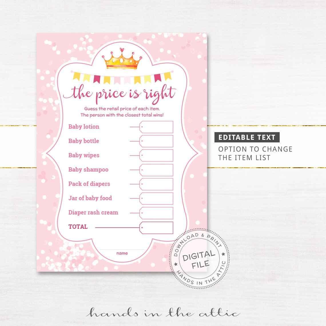 Editable Price is Right baby girl shower game printable baby