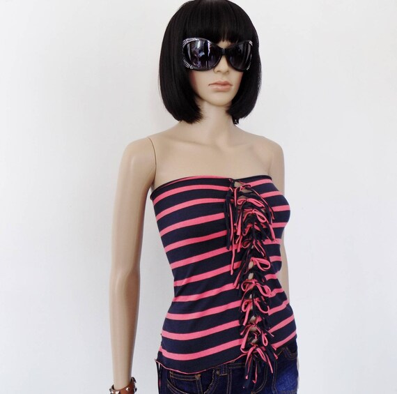 Original Top woman! BOW BOW! IN pink and blue stripes cotton size 38 long 38cm belicious delicious creation