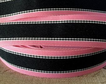 3 yard 7/8" Black and Pink Preppy STRIPE Grosgrain Ribbon