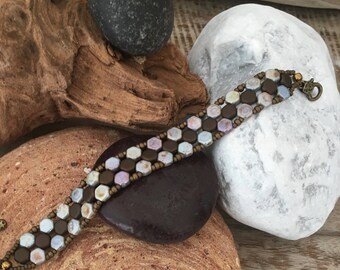 PUCA Bracelet Czech glass beads, pearls of Bohemia, blue Jeans and matte chocolate brown handmade beads