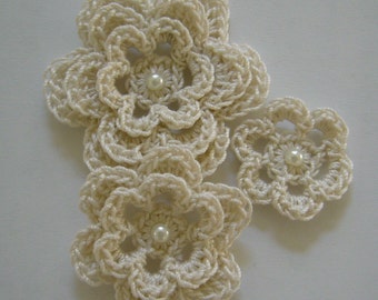Crocheted Flowers - Antique White With a Pearl - Cotton Flowers - Crocheted Flower Appliques - Crocheted Flower Embellishments