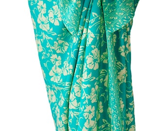 Hawaiian Beach Sarong Skirt Womens Clothing - Beach Cover Up Batik Pareo Aqua & Cream Flowers Sarong Pareo Wrap Skirt - Hibiscus Aloha Wear