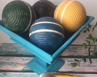 SUMMERSALE Vintage Croquet Wooden Balls, Blue Green Yellow Black, Yard Games, Bowl Fillers, Home Decor