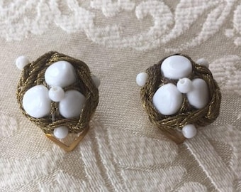 Vintage Cluster Clip On Earrings Gold Rope and White Bead 1950s