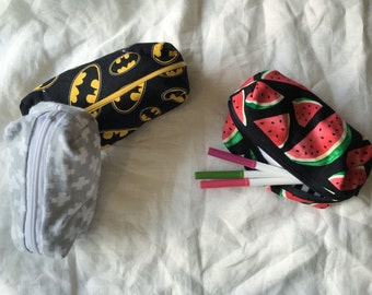 Pencil Case - Makeup Bag - Zipper Pouch - Watermelon - Batman -Crosses
