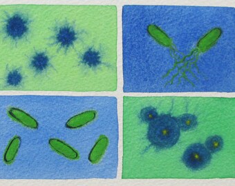 Green and Blue Microbes - original watercolor painting of bacteria