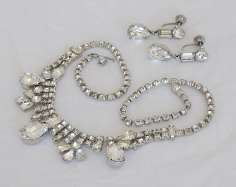 Vintage Rhinestone Demi Parure, Clear Crystal Necklace Earring Set, 150
