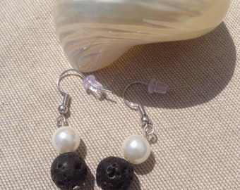 Lava Bead Earrings - Aromatherapy Earrings - Essential Oil Jewelry - Pearl Earrings