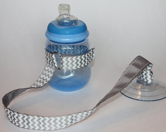 Sippy Cup Leash, Sippy Cup Strap, Suction Sippy Strap, New Baby Gift, Christmas Gift - Gray Chevron