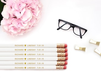 Personalized Pencils / Love Heart CUSTOM Bride Groom Names Personalized Pencils / Wedding White Gold Foil Engraved Pencil Set Wholesale