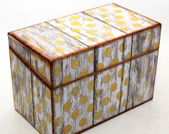 Wood Recipe Box Barn Wood Yellow and White Polka Dots Fits 4x6 Recipe Cards