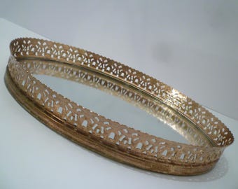 VANITY DRESSER TRAY. Vintage Gold Tone Filigree Mirrored Vanity / Dresser Tray. 1950's Perfume , Jewelry Tray.