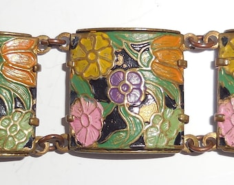 Beautiful ART DECO Floral Antique BRACELET, Enamel Flower Panel Bracelet, Stunning Vintage Jewellery, 6 3/4 inches, Gorgeous Gift!