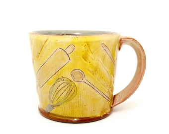Puffy baking themed Earthenware mug. Wheel thrown, food safe mug made by Kaitlyn Brennan. This is a big handmade mug perfect for coffee