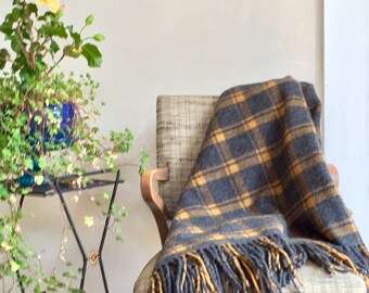 Plaid Wool Blanket Washable Large Size Fringed Thick Warm Gray & Golden Brown w/ Stowing Pillow Case