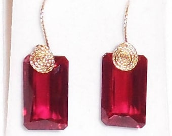 42 cts Natural Emerald cut Red Topaz gemstones, 14kt yellow gold Pierced Earrings