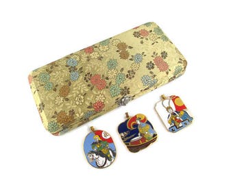 3 Chinese Opera Cloisonne Pendants/The Peking Jewelry Company /Beijing Arts Set/ Korvettes Oriental Enamel Stock/Silk Road Gold Brocade Box