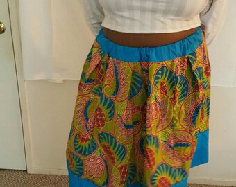 Blue/Green Print A-Line Skirt