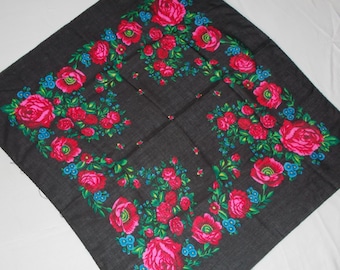 Soviet Vintage Russian Deep Black Shawl With Floral Design Women Head Wool Floral Grass Head Kerchief Folk Art Scarf Soviet all-season scarf