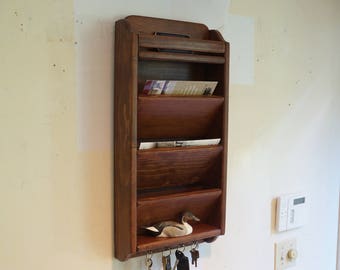 TOP SHELF 12" wide, 25.5" tall, 3 Pocket + Shelf, Mail & Key Organizer, Handcrafted Wall Mount Wooden Letter Holder Rack Sorter, E. Chestnut