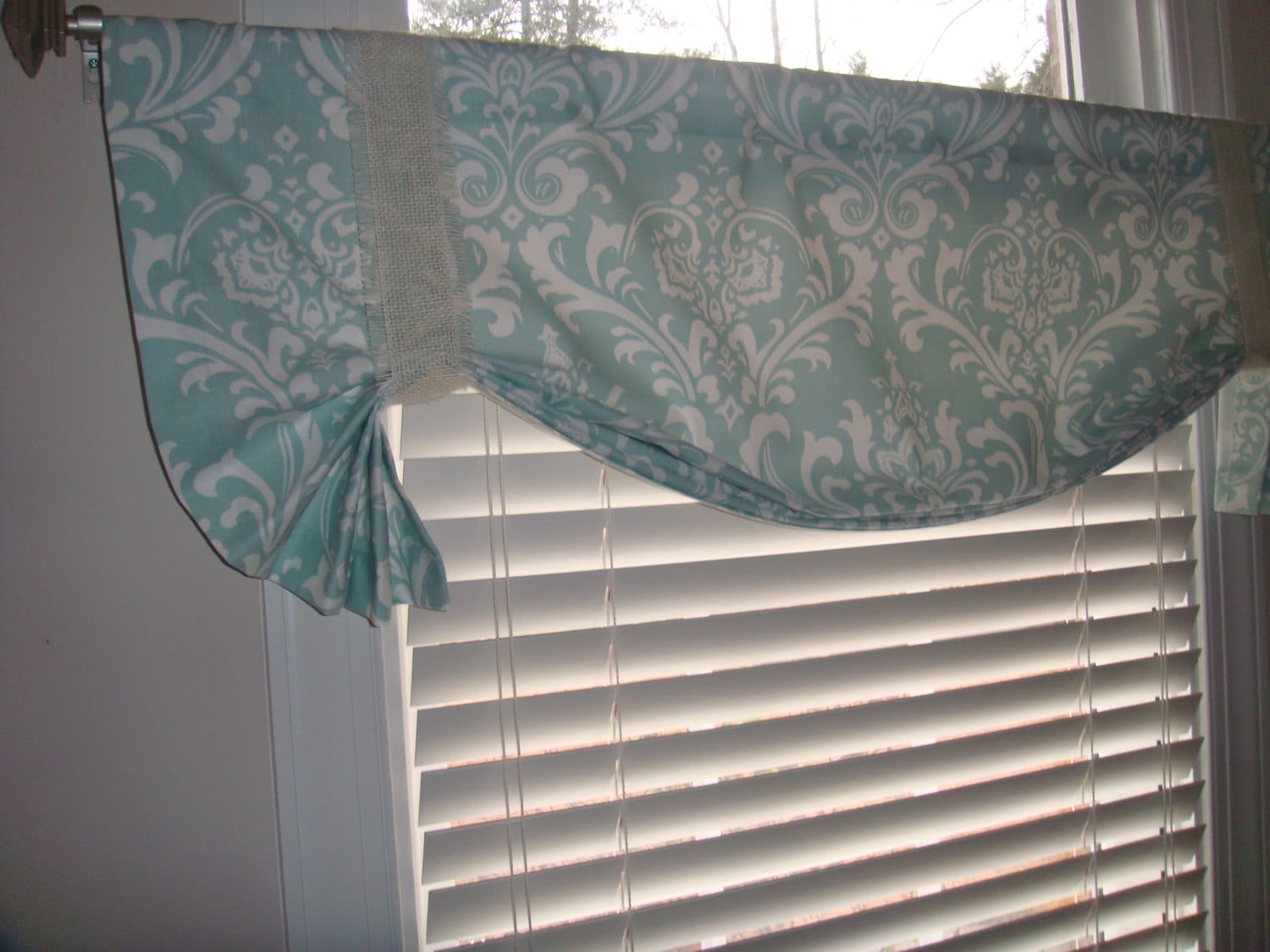 Pretty Robins Egg Blue Damask Tie up Valance Window Treatment