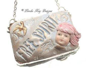 Free Spirit Necklace Pink Hair Girl China Doll Head Mixed Media Solder and Clay Pendant Lorelie Kay Original