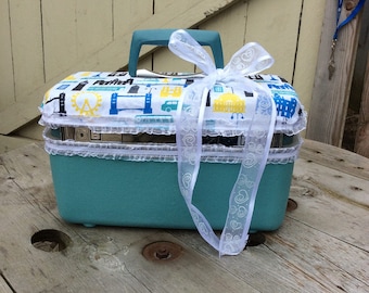 Upcycled Samsonite Train Case in Travel Theme/Turquoise