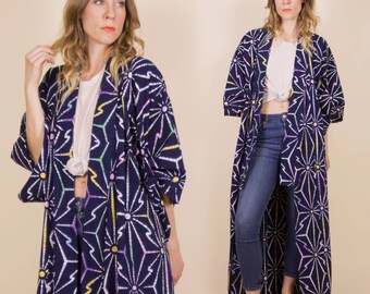 Vintage Dark Navy & Multicoloured Cotton Floral Contour Kimono, Duster Jacket