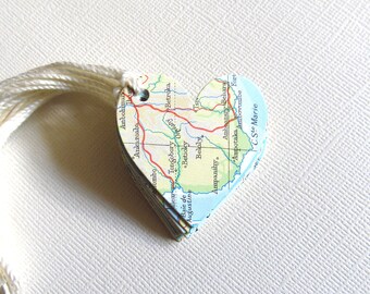 Vintage Map Heart Gift Tags, Travel Theme, Weddings, Showers, Birthdays, Party Favor Tags, Heart Tags, Set of 10