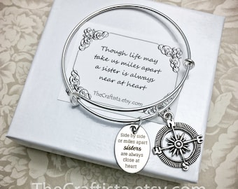 S12B, Sister Bangle, Sister Gift, Sisters Adjustable Bracelet, Sisters Jewelry, Sister Christmas Gift, Big Sis, Little Sis, Compass Charm