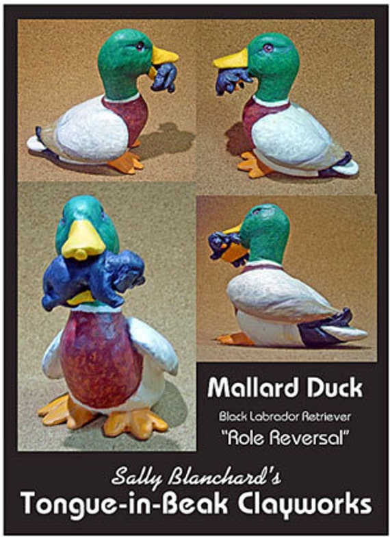 Mallard Duck with Black Labrador Retriever "Role Reversal" Sally Blanchard's Tongue-in-Beak Clayworks
