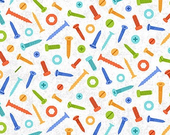 Screws and Bolts on White from Northcott Fabric's Nuts and Bolt Collection by Deborah Edwards