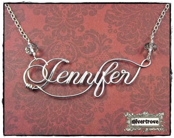 Large Name Necklace, Sterling Silver Name Necklace, Wire Name Necklace, Large Script Name Necklace, Cursive Name Pendant, Personalized Name
