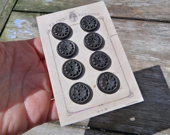 Vintage Antique /1920 French black carved buttons set of 8 on a card