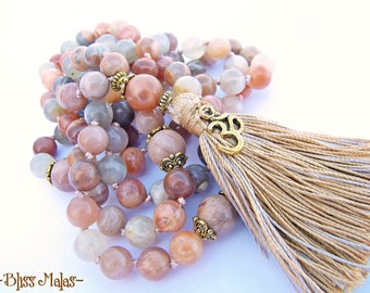 Semi Precious Sunstone, Knotted Mala Beads 108, Prayer Beads, Yoga, Japa, Mantra, Meditation, Spiritual Jewelry, Warming, AUM OM Charm, Gift