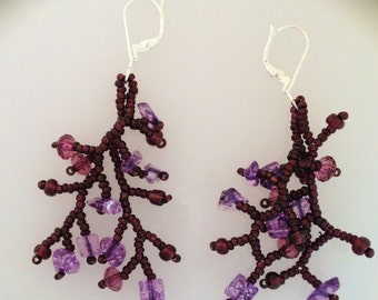 Purple beaded cluster dangle earrings