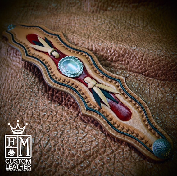 Leather cuff wristband Native Western style hand tooled with kangaroo lace and Conchos handmade for YOU in USA by Freddie Matara