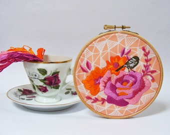 Hand Embroidery Kit .DIY Kit. Embroidery Wall Art. Vintage rose,bird and geometric design. Modern embroidery. DIY gift .Hoop art. Craft Kit