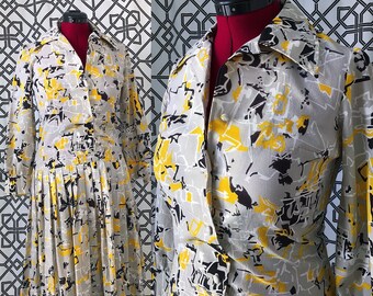 1970s Abstract Print Dress with Drop Waist