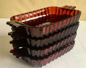 Rare red pressed glass rectangular appetizer or dessert plates, set of 4, vintage