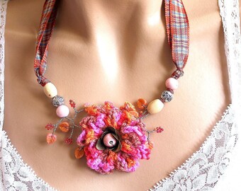 Scottish tartan and crocheted flower fabric necklace