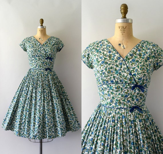Items similar to Vintage 1950s Dress - 50s Blue and Green Floral Cotton ...